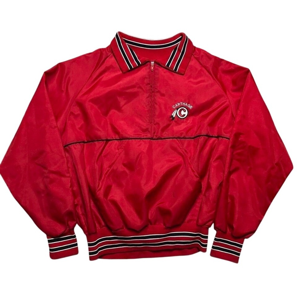 True Vintage 80s Red Carthage College Varsity jacket cinched waist made in USA